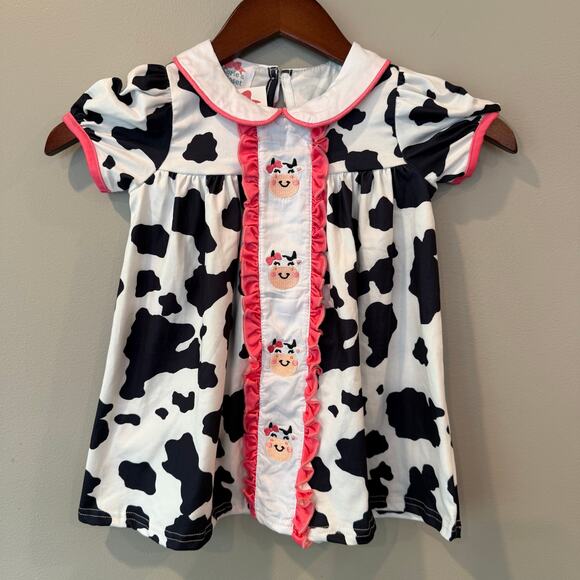 Korie's Closet Other - Kories Closet Cow Print Dress Spotted Embroidered Pink Ruffle Trim‎ Sz 12 18 Mos